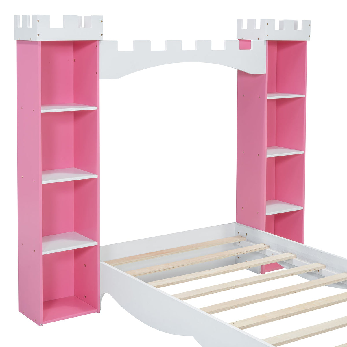 Pink Castle Twin Bed with Built-In Kids Bookshelves