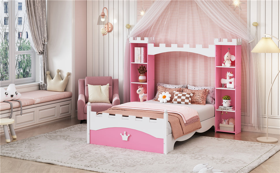 Pink Castle Twin Bed with Built-In Kids Bookshelves