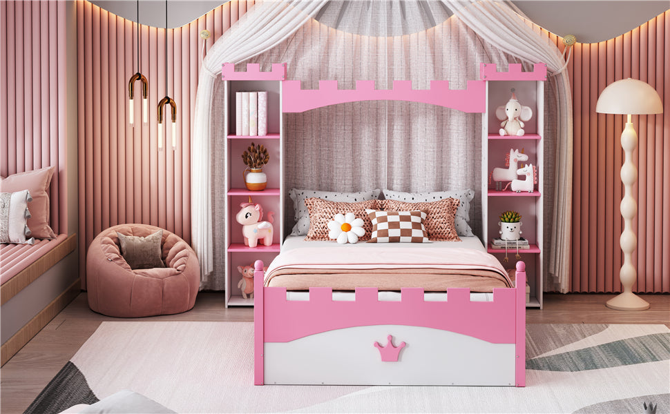 Castle Twin Bed for Kids with Built-In Tower Bookshelves