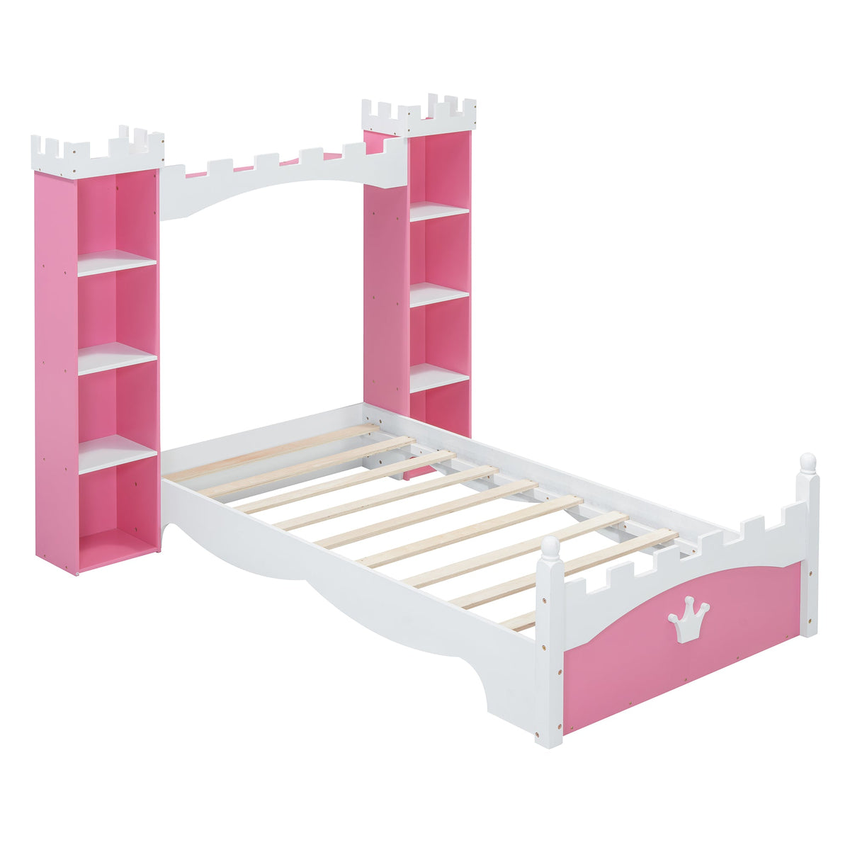 Pink Castle Twin Bed with Built-In Kids Bookshelves