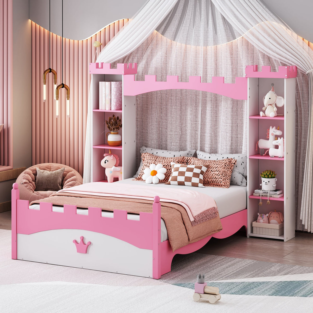 Castle Twin Bed for Kids with Built-In Tower Bookshelves