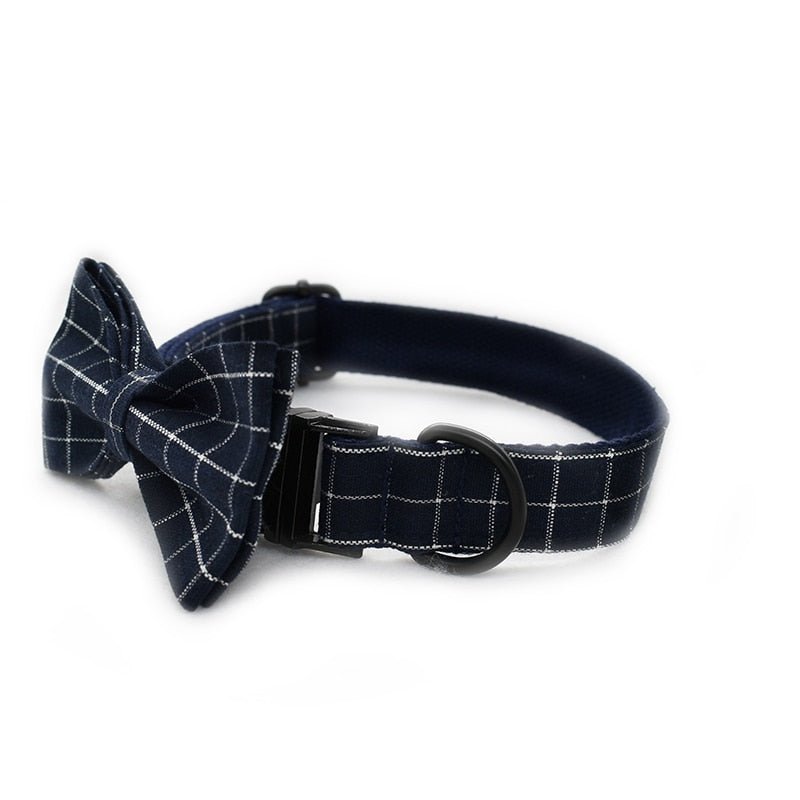 Pet Collar and Leash Set with Navy Blue Plaid Bowtie