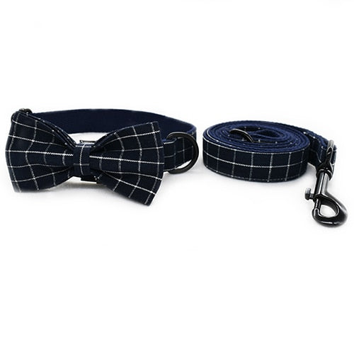 Pet Collar and Leash Set with Navy Blue Plaid Bowtie
