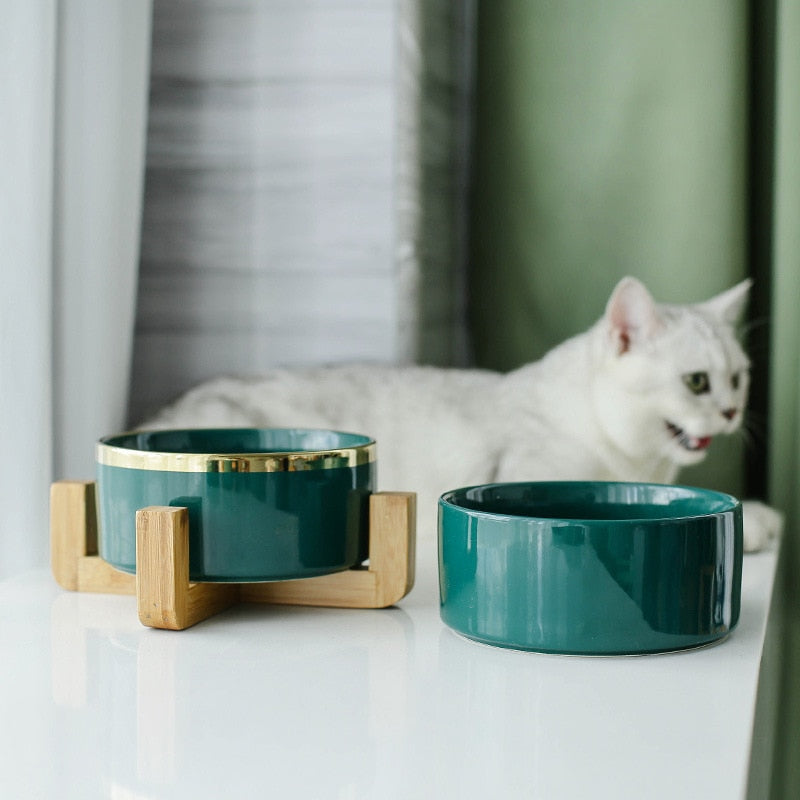 Elevated Ceramic Pet Bowl with Bamboo Stand, 400ml