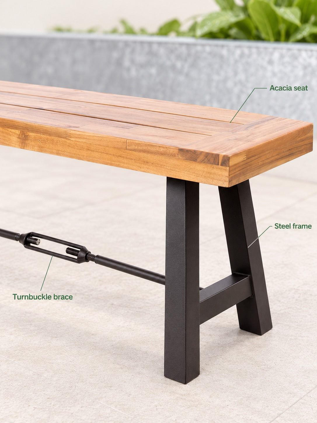 Acacia Wood Patio Bench with Black Steel Frame for Outdoors
