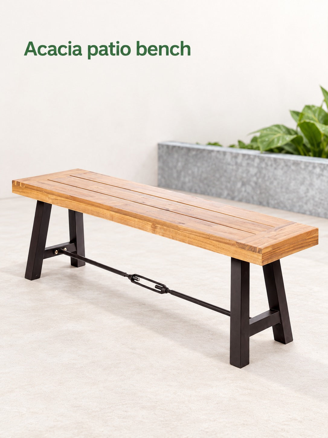 Acacia Wood Patio Bench with Black Steel Frame for Outdoors