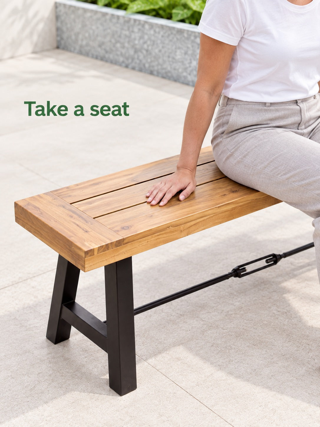 Acacia Wood Patio Bench with Black Steel Frame for Outdoors