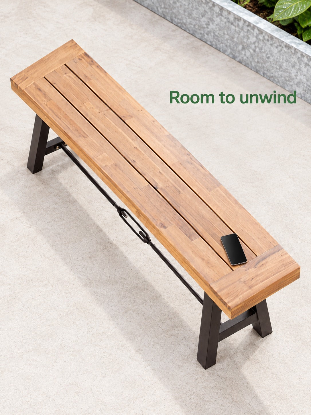 Acacia Wood Patio Bench with Black Steel Frame for Outdoors