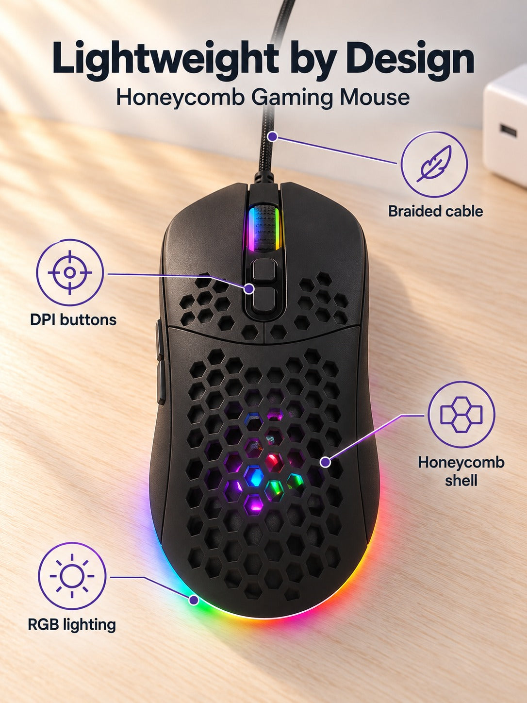 Lightweight Honeycomb Gaming Mouse with RGB and 7200 DPI