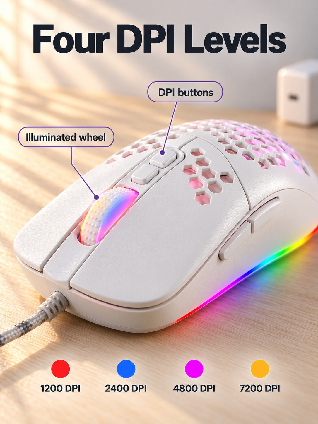 Lightweight Honeycomb Gaming Mouse with RGB and 7200 DPI