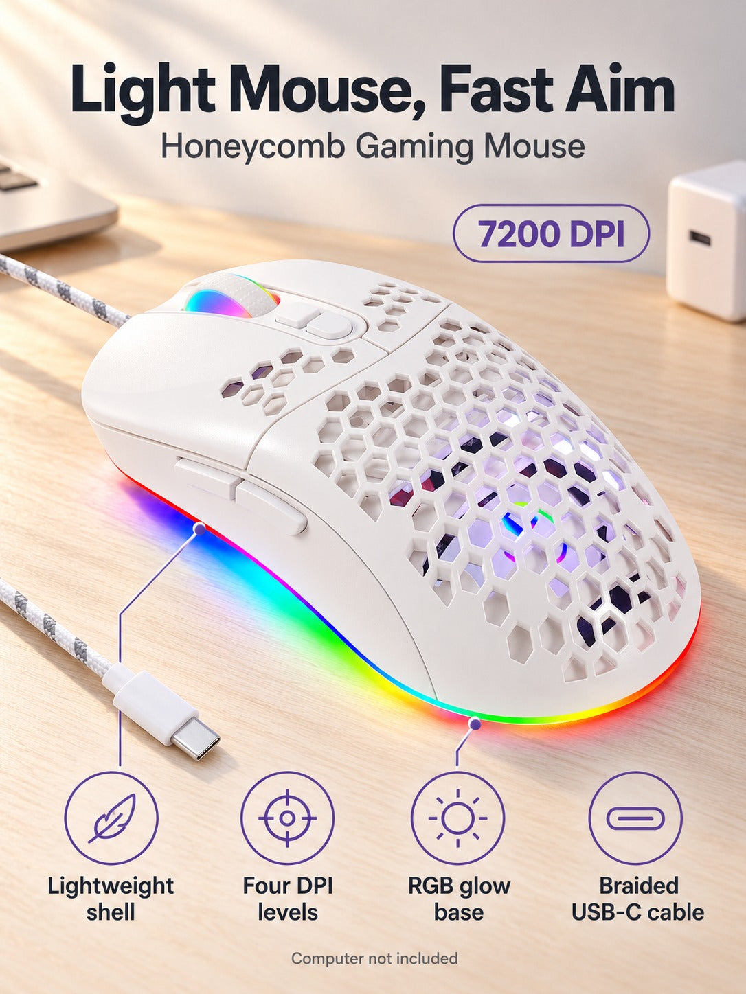 Lightweight Honeycomb Gaming Mouse with RGB and 7200 DPI