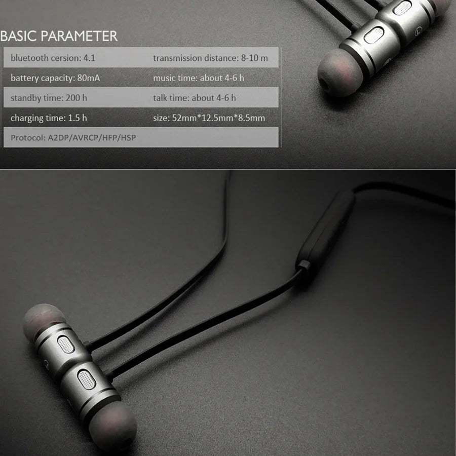 Magnetic Bluetooth Sports Earphones with Metal Earbuds
