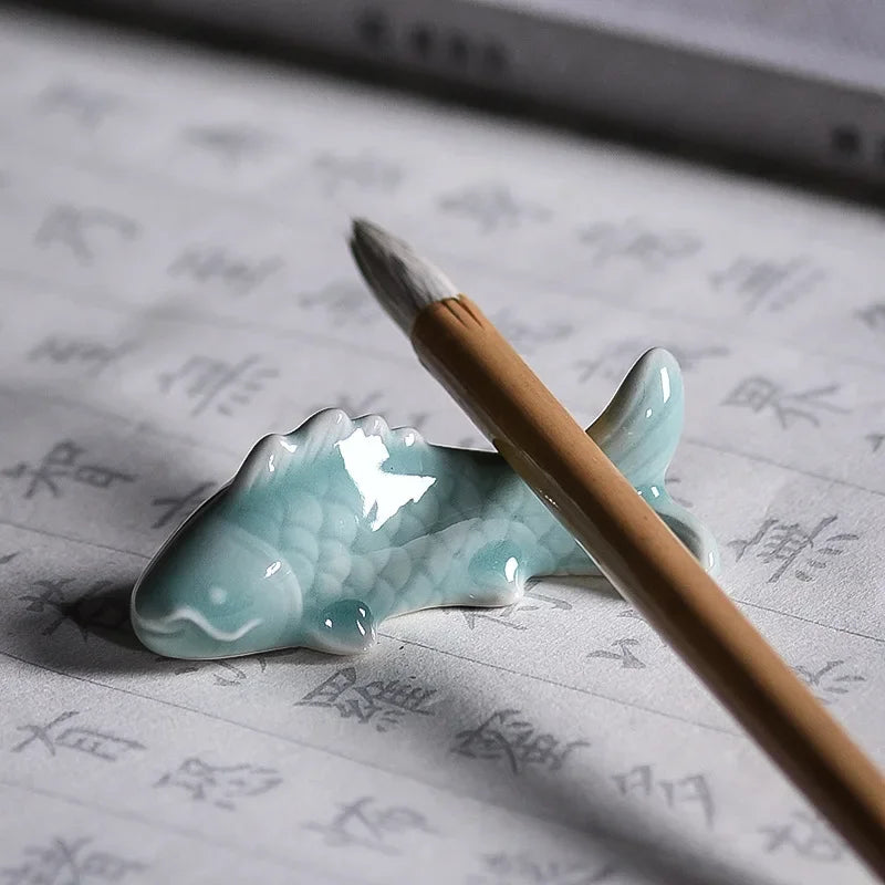 Celadon Ceramic Koi Pen Holder for an Elegant Desk