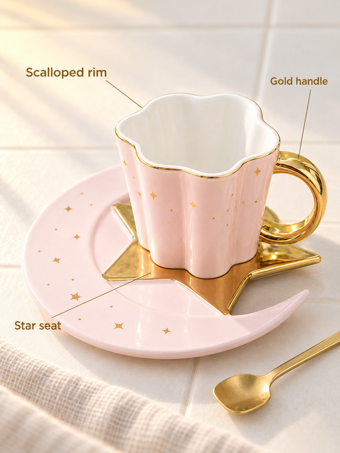 Ceramic Coffee Cup and Saucer Set with Gold Star Moon