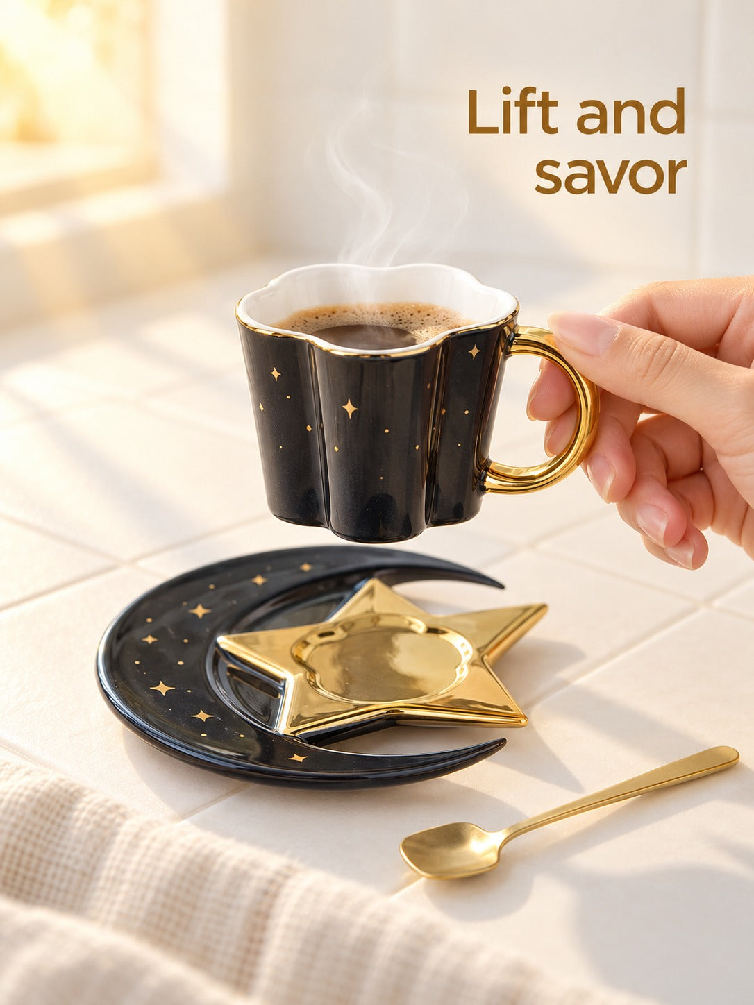 Ceramic Coffee Cup and Saucer Set with Gold Star Moon