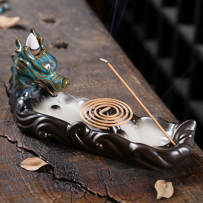 Ceramic Backflow Incense Burner With Dragon Decor