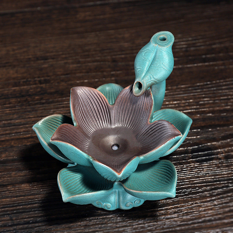 Ceramic Backflow Incense Burner With Glowing Lotus