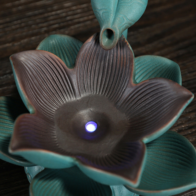 Ceramic Backflow Incense Burner With Glowing Lotus