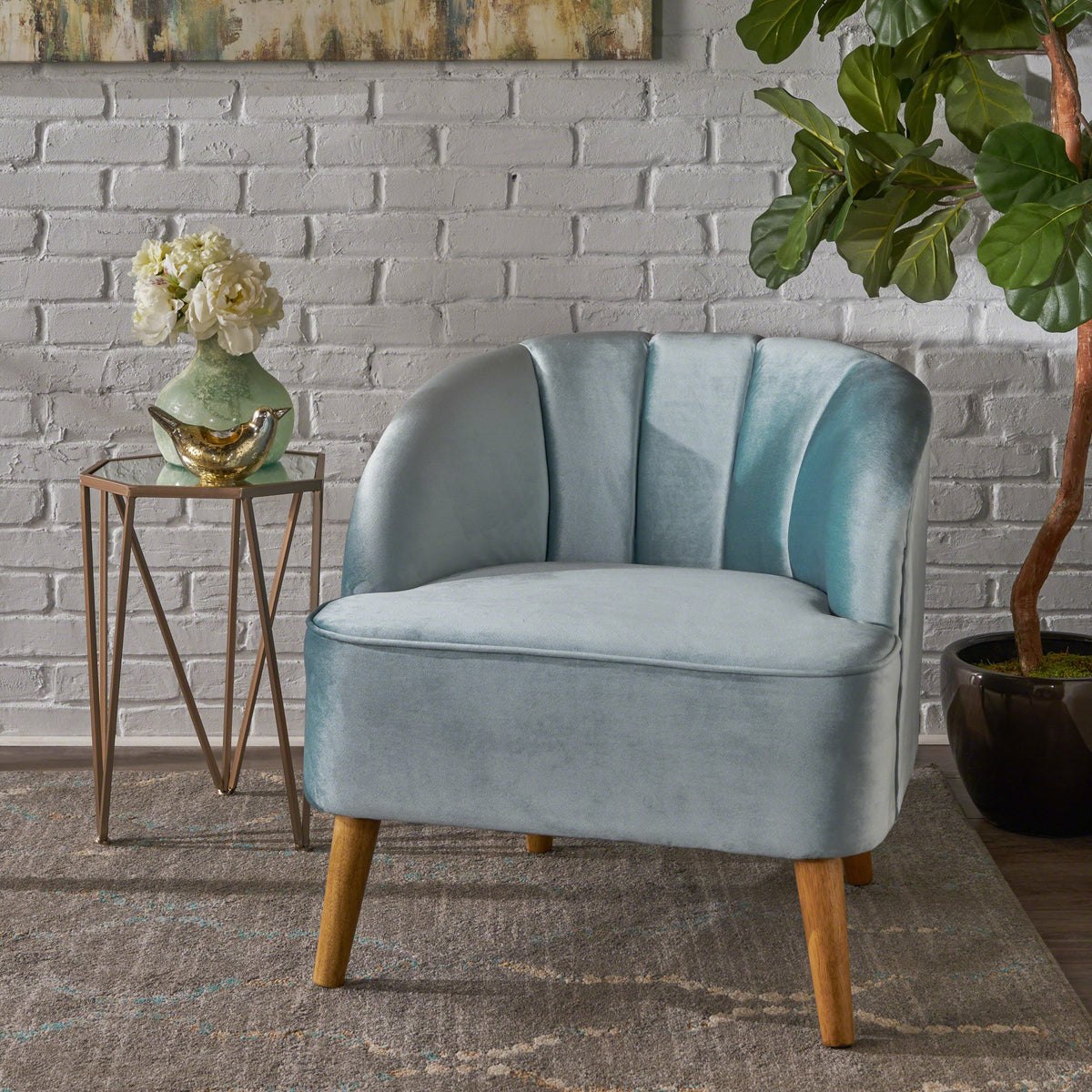 Teal Velvet Accent Chair with Fluted Retro Back