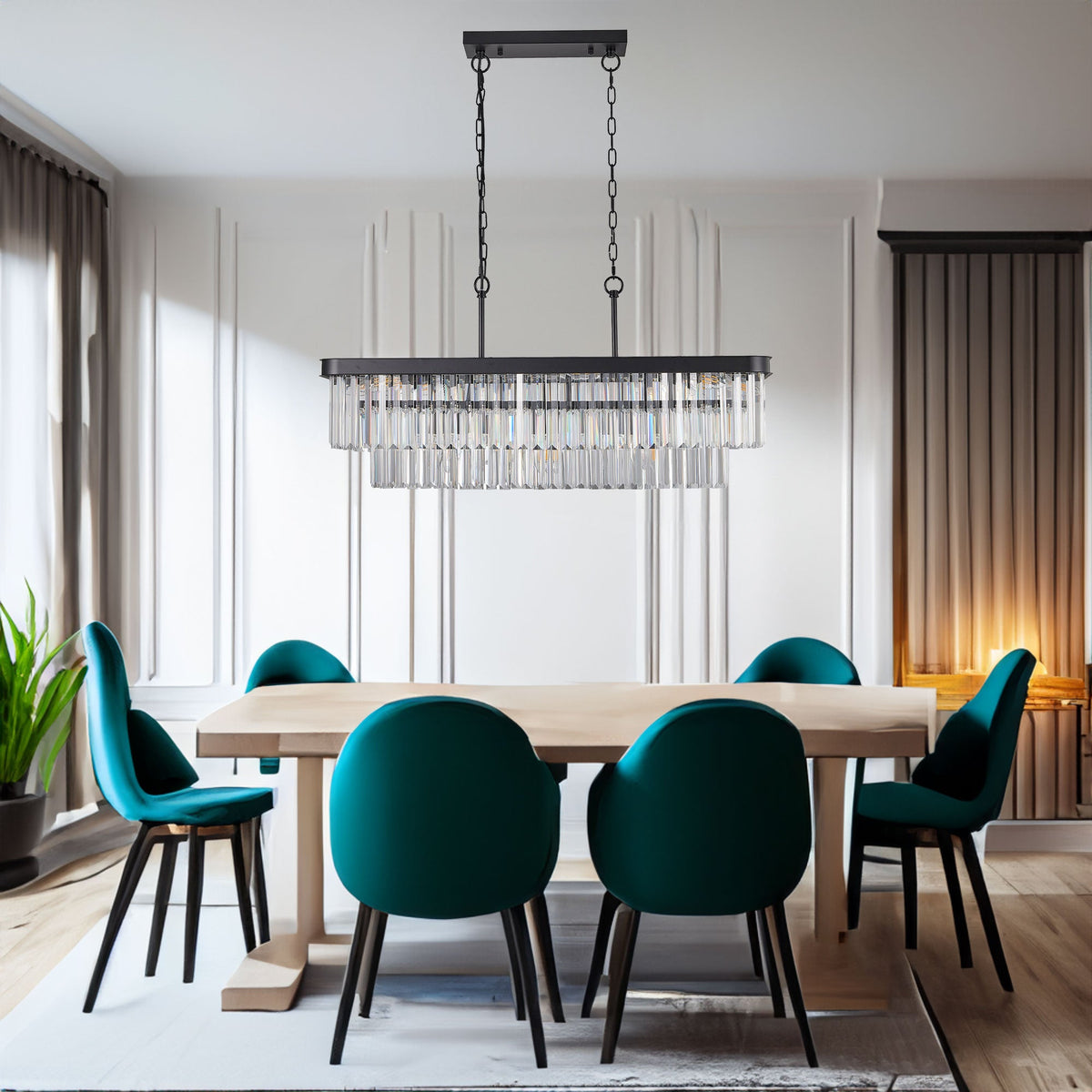 Rectangular Crystal Chandelier with Adjustable Chains