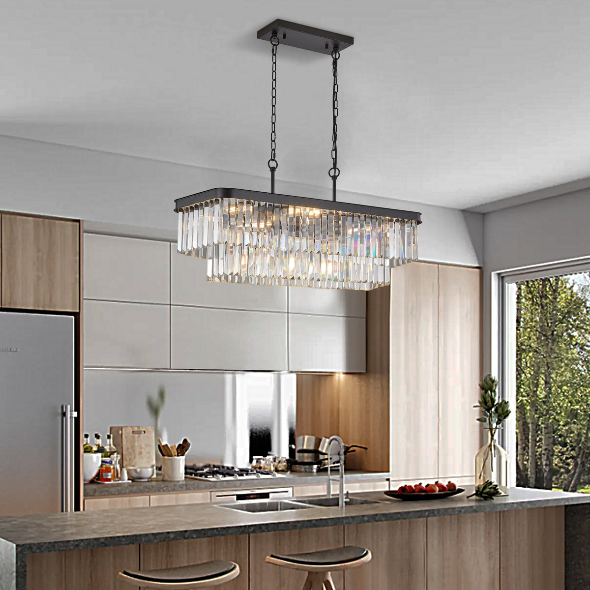 Rectangular Crystal Chandelier with Adjustable Chains