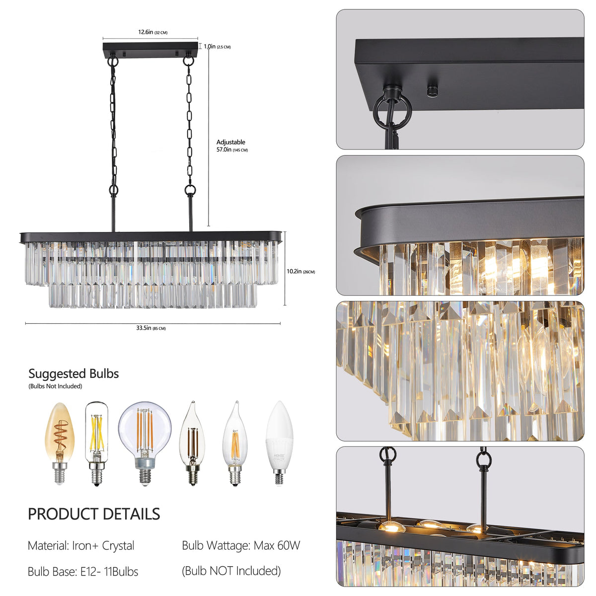 Rectangular Crystal Chandelier with Adjustable Chains