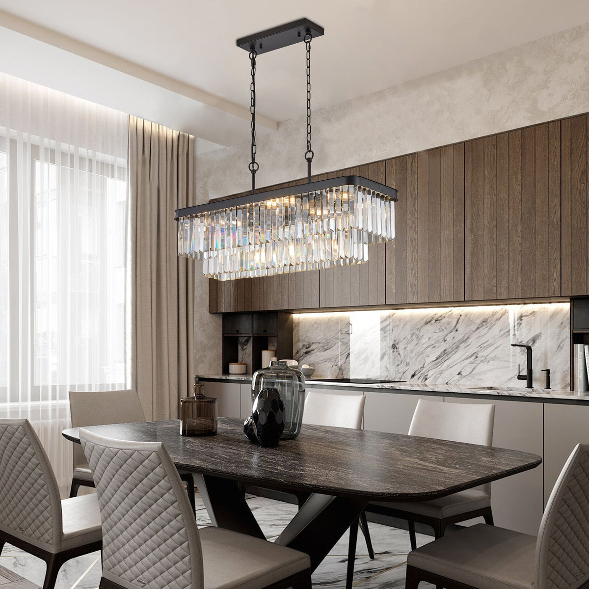 Rectangular Crystal Chandelier with Adjustable Chains