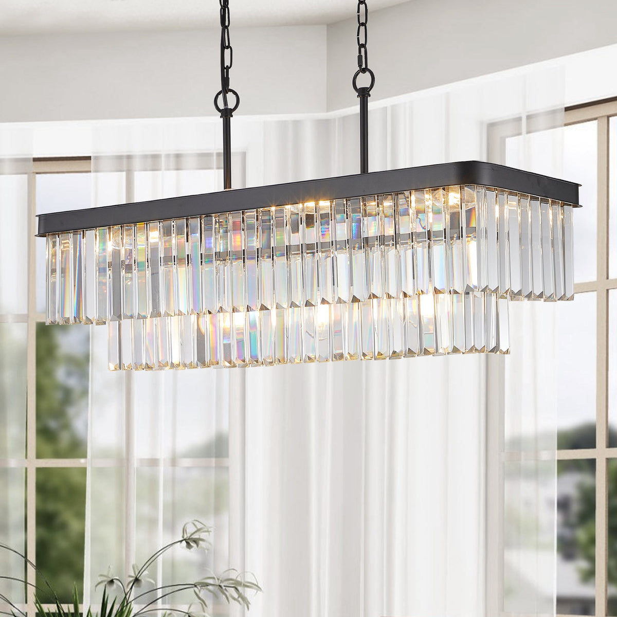 Rectangular Crystal Chandelier with Adjustable Chains
