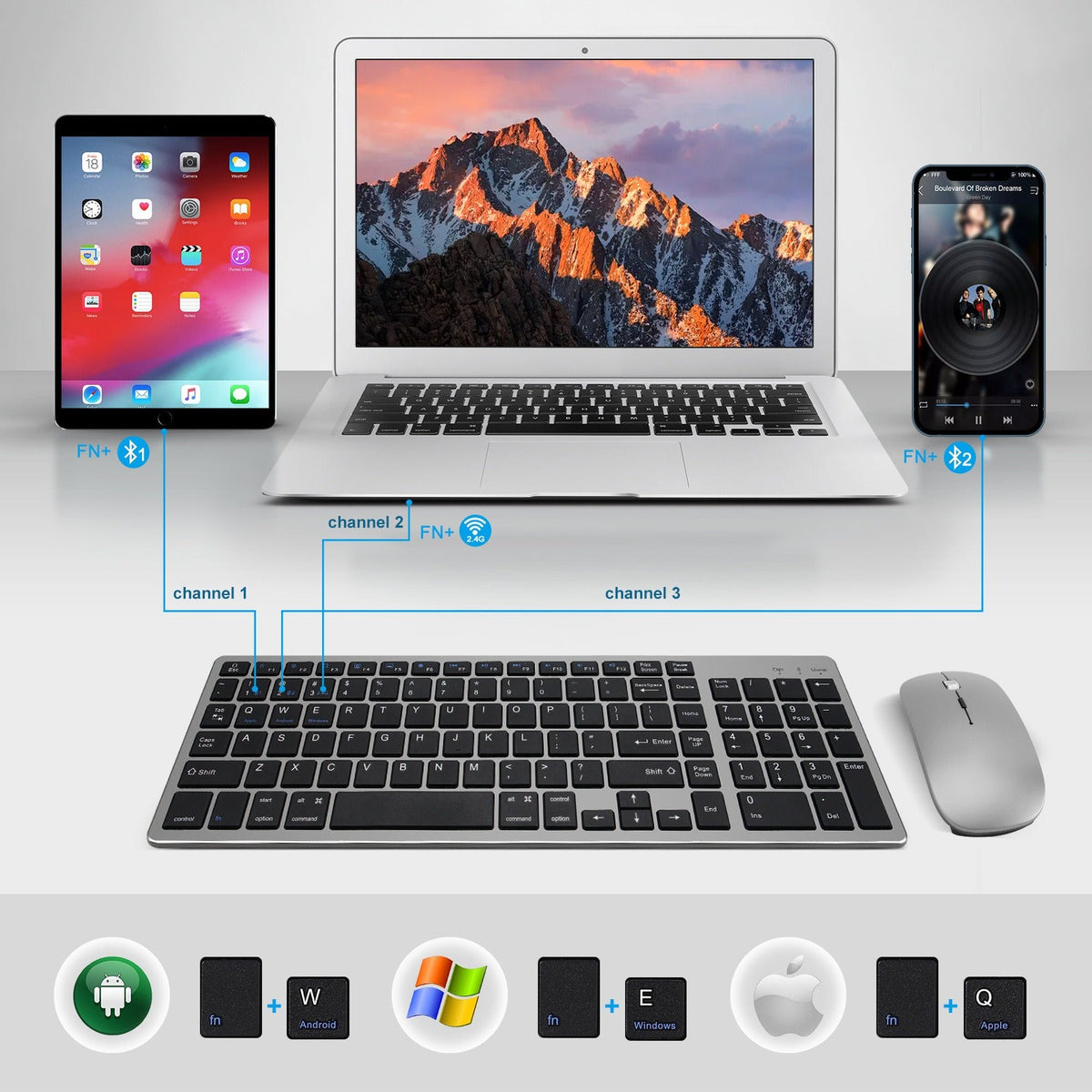 Wireless Keyboard and Mouse Set for iPad, Mac and Windows