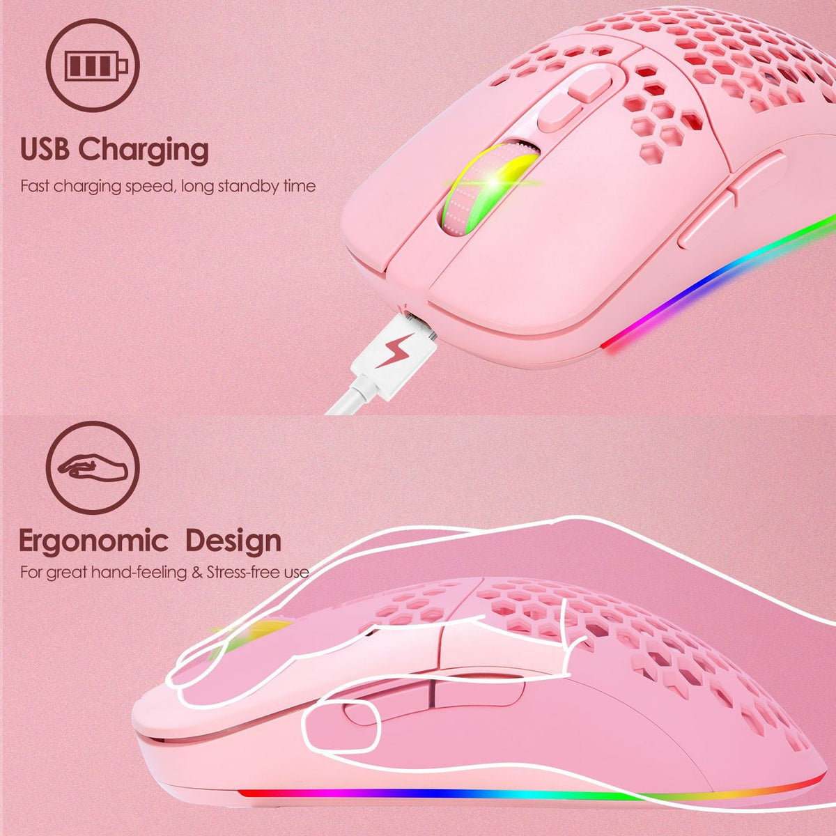 Pink Wireless Mouse 65g Lightweight RGB Honeycomb