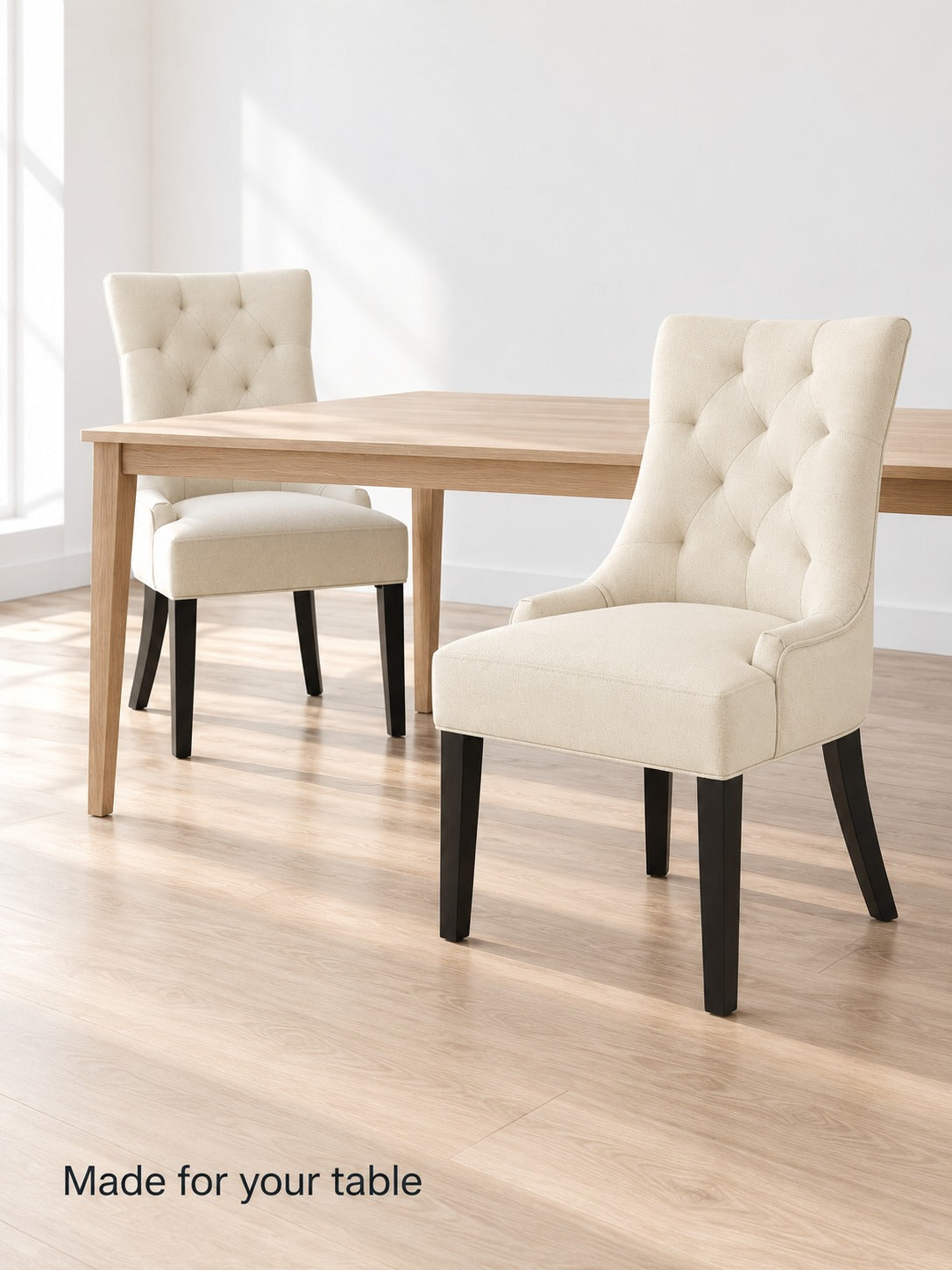 Cream Linen Tufted Dining Chairs Set of 2 with Wood Legs