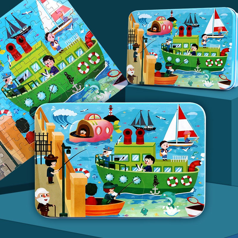 100-Piece Wooden Children's Puzzle With Storage Tin