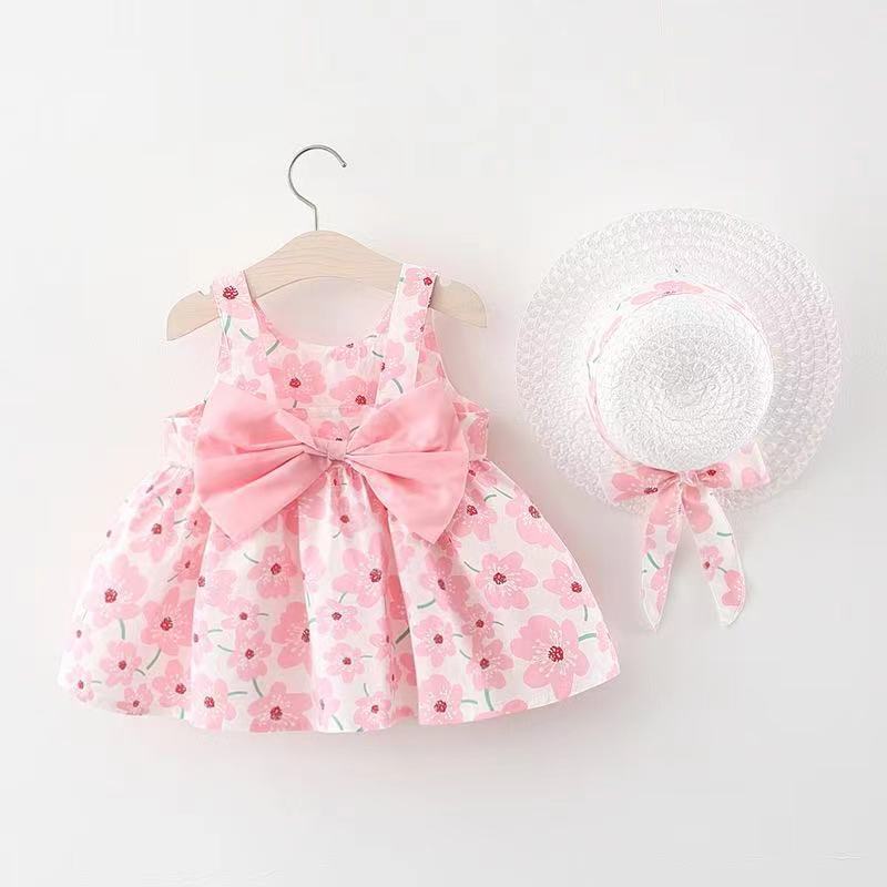 Baby Girl Floral Dress Set With Matching Summer Hat