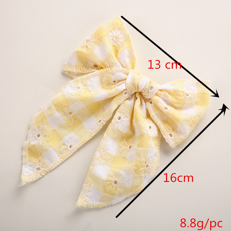 Plaid Bow Hair Clip for Girls | Floral Embroidery