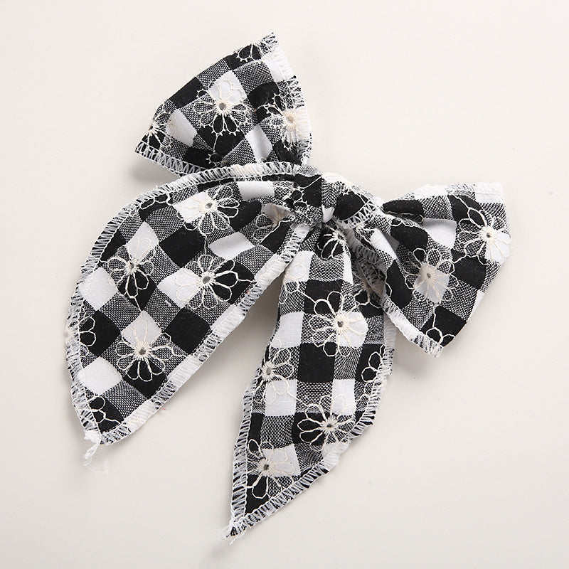 Plaid Bow Hair Clip for Girls | Floral Embroidery