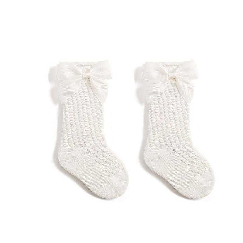 Girls' Cotton Knee-High Socks with Bow, Breathable Mesh