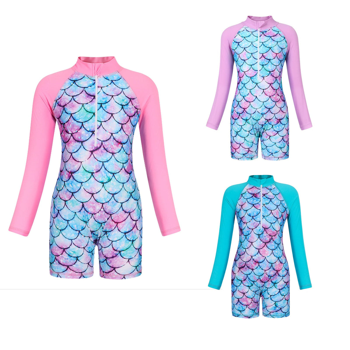 Girls' Long-Sleeve Mermaid Swimsuit Sun Protection