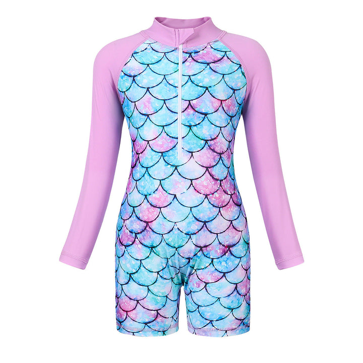 Girls' Long-Sleeve Mermaid Swimsuit Sun Protection