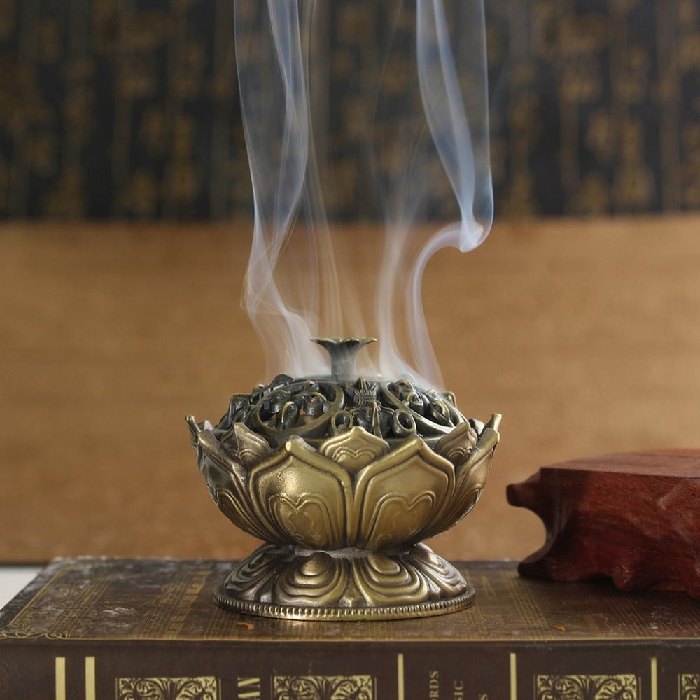 Lotus Incense Burner with Ornate Buddha-Style Lid Decor