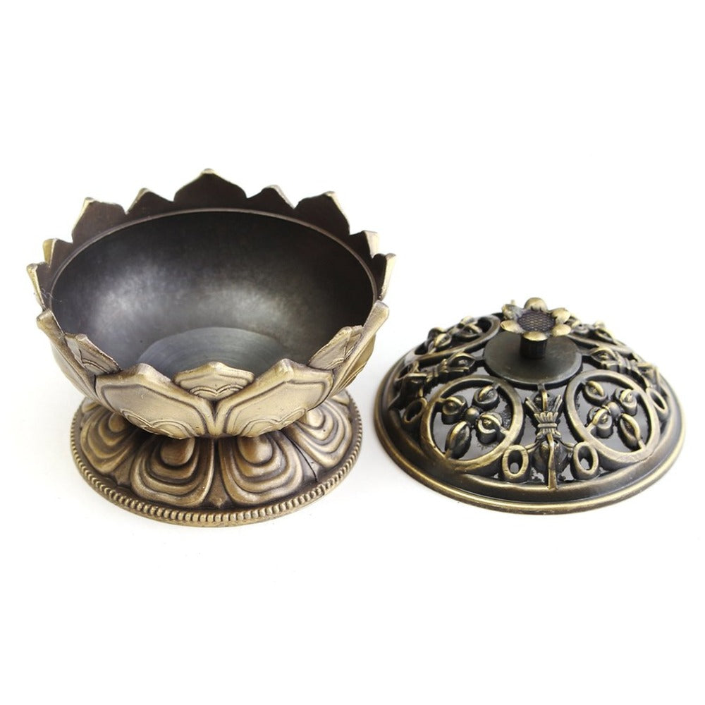 Lotus Incense Burner with Ornate Buddha-Style Lid Decor
