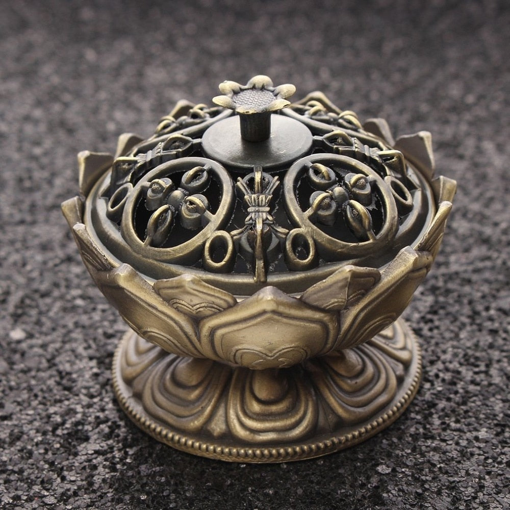 Lotus Incense Burner with Ornate Buddha-Style Lid Decor