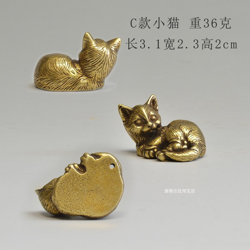 Brass Cat Tea Pet Set for Playful Desktop Charm Decor
