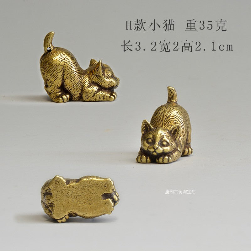 Brass Cat Tea Pet Set for Playful Desktop Charm Decor