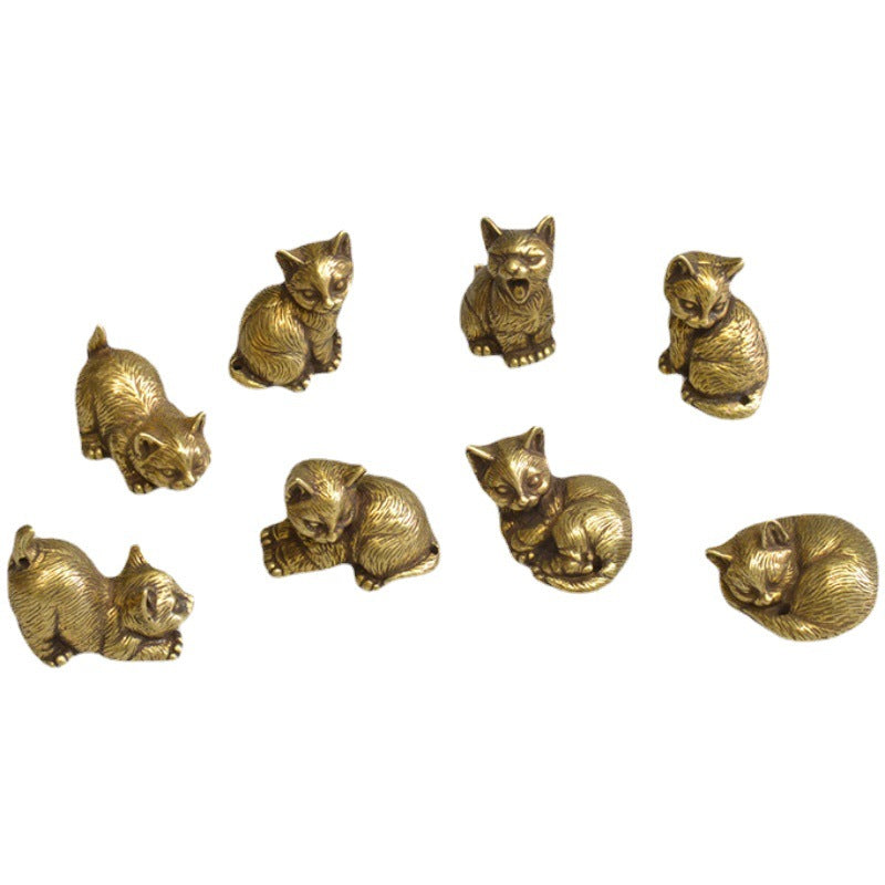 Brass Cat Tea Pet Set for Playful Desktop Charm Decor