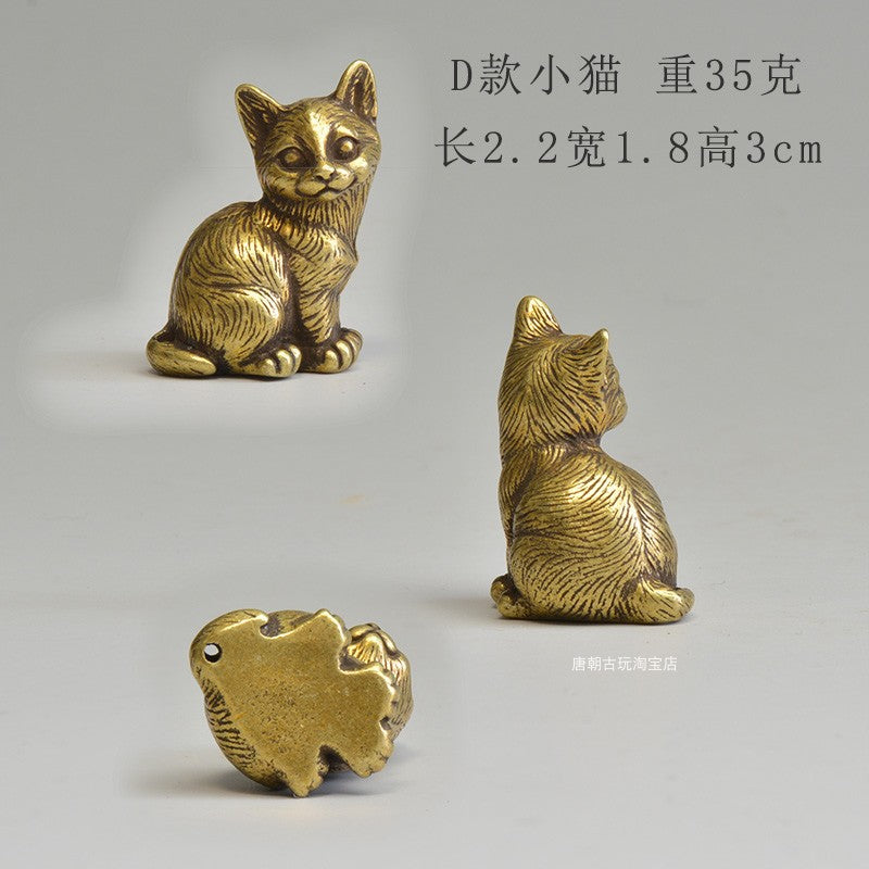 Brass Cat Tea Pet Set for Playful Desktop Charm Decor