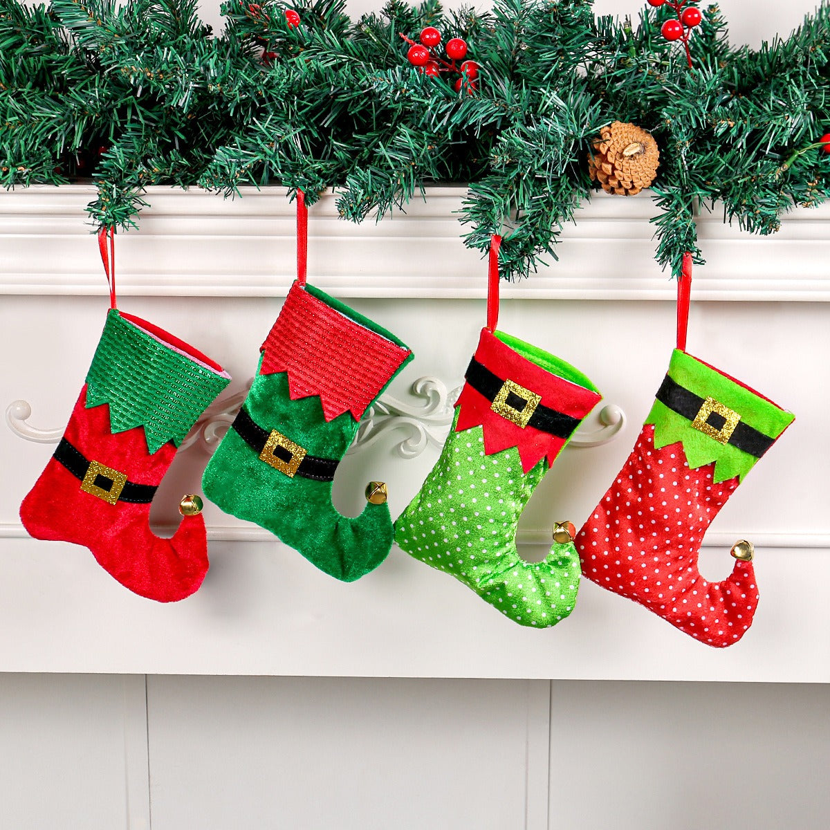 Christmas Stockings With Bells & Gift-Hanging Decor