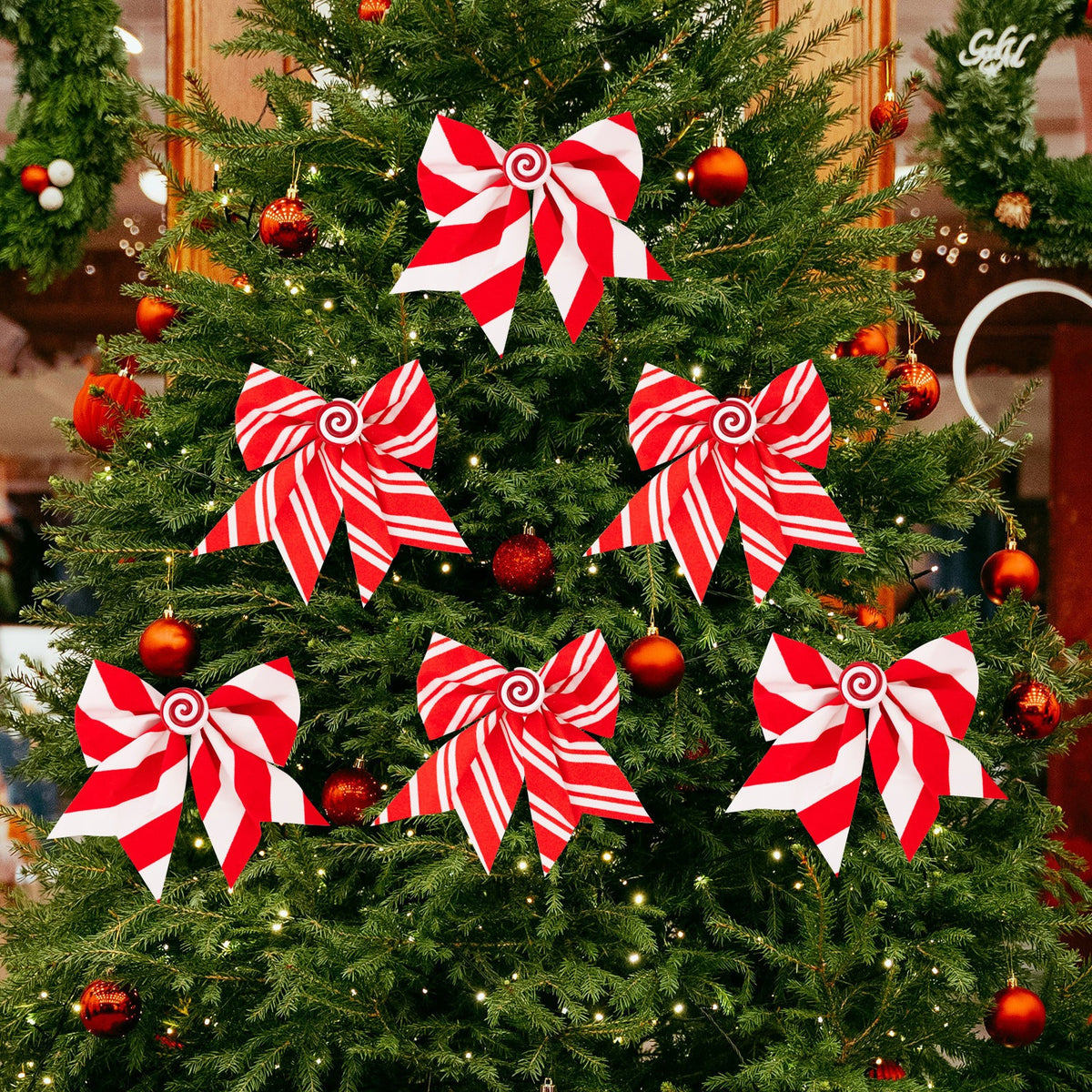 Christmas Bow Ornament – Red & White Candy Stripe
