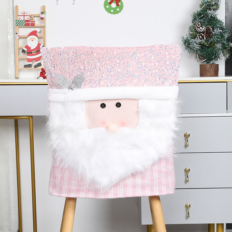 Pink Christmas Chair Cover Set with Santa Claus Doll Design