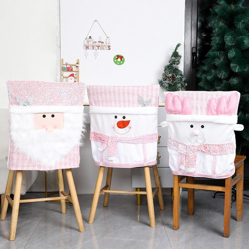 Pink Christmas Chair Cover Set with Santa Claus Doll Design