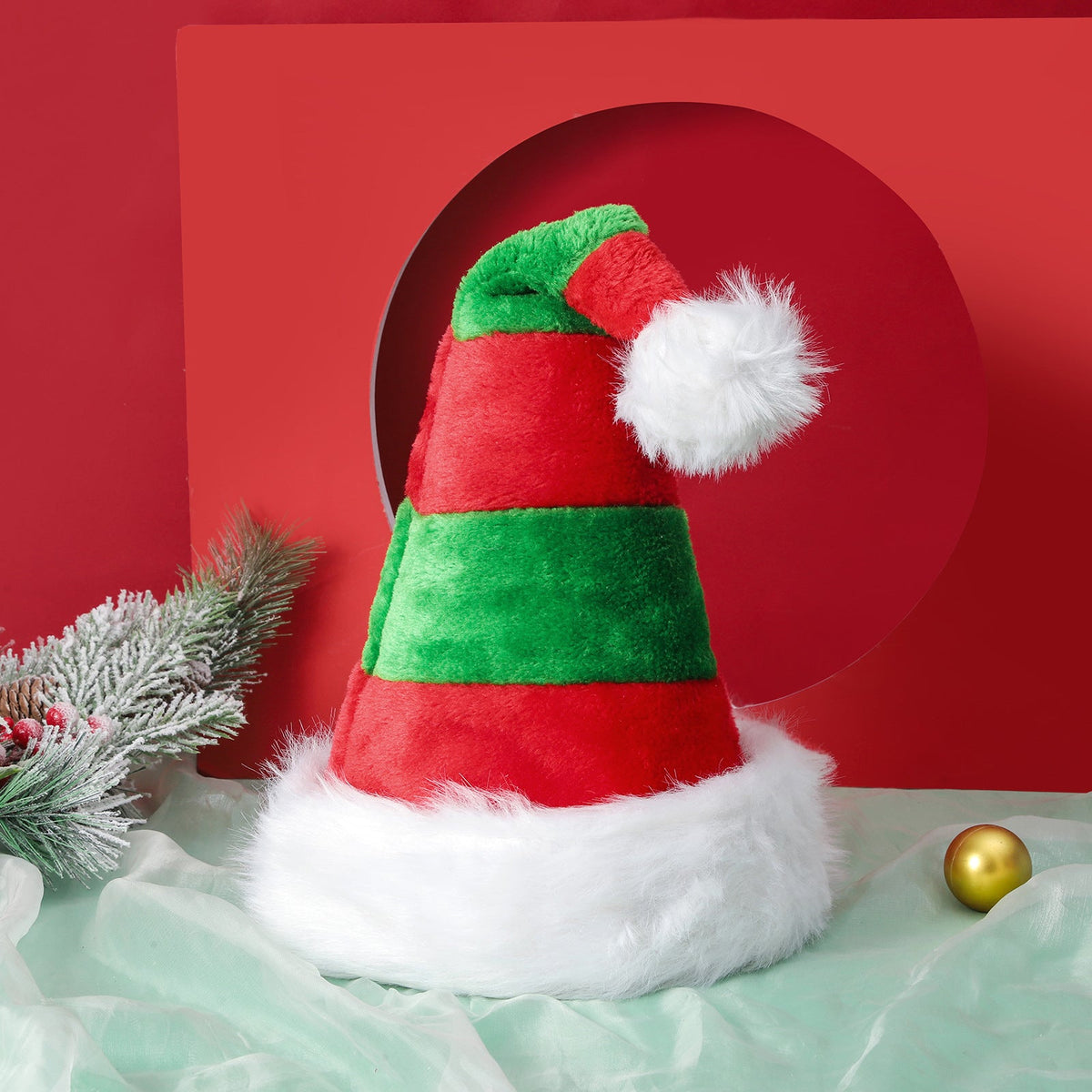 Children's Christmas Hat – Plush Red Green Stripes